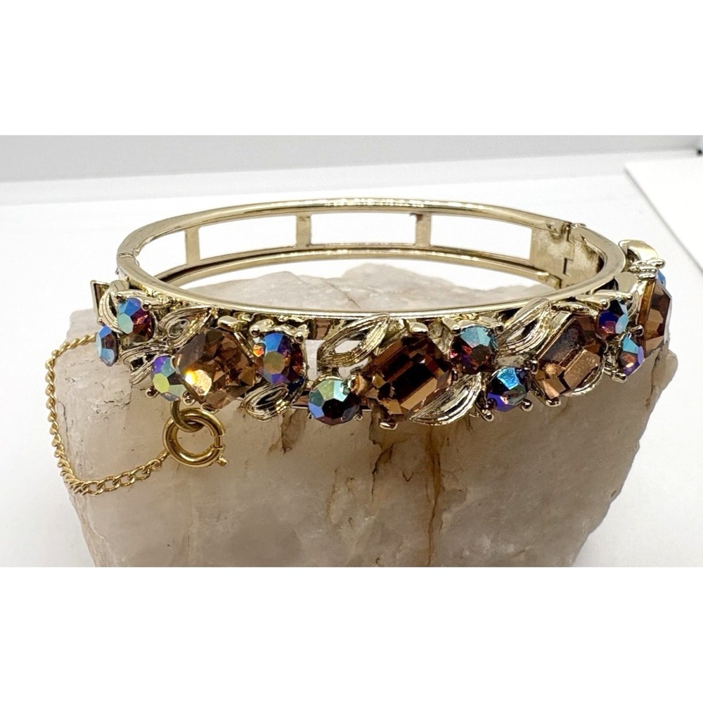 Vintage Lisner Signed Gold‎ Tone Brown AB Rhinestone Bangle Bracelet 6.5'' Retro